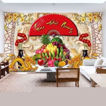 Tranh thờ 3d song long bên mâm ngũ quả chất lượng cao