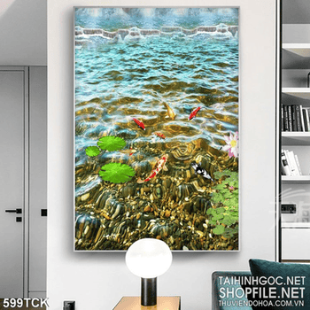 Tranh cá chép dưới hồ nước trong đẹp mắt