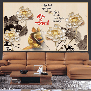 Tranh cá rồng và đóa hoa sen giả ngọc cho cầu bình an 3d