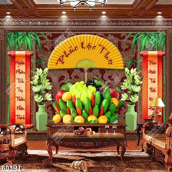 Tranh 3d mâm ngũ quả trang trí bàn thờ tổ