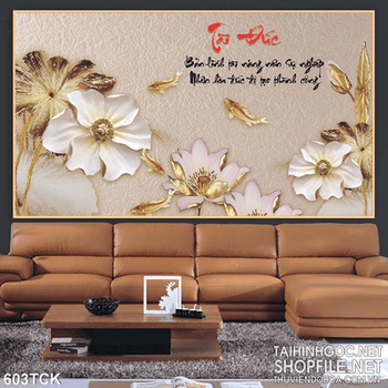 Tranh cá chép và hoa sen mạ vàng in uv