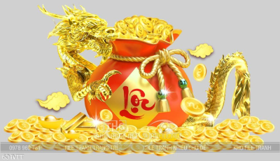 File PSD rồng vàng bên túi vàng khổng lồ