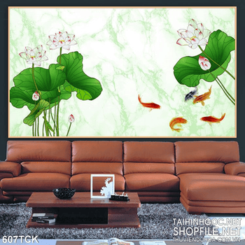 Tranh cá chép và cây hoa sen nhẹ nhàng in uv