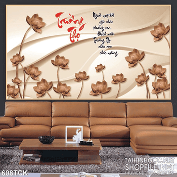 Tranh hoa sen bằng gỗ tinh tế và chữ thư pháp trường thọ 3d