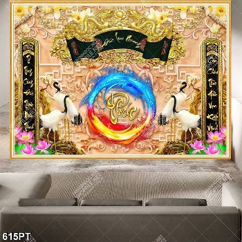 Tranh bàn thờ thư pháp và chim hạc bên hoa sen Tranh bàn thờ thư pháp và chim hạc bên hoa sen