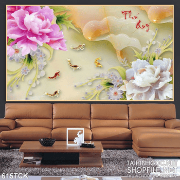 Tranh hoa mẫu đơn giả ngọc 3d