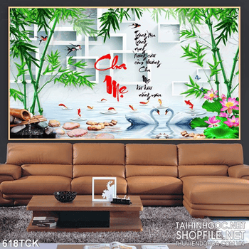 Tranh cá chép 3d và đôi thiên nga