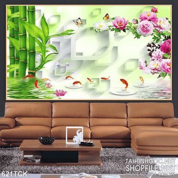 Tranh cá chép 3d và hoa mẫu đơn in uv