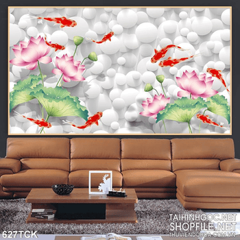 Tranh cá chép và nền sỏi trắng đẹp bắt mắt