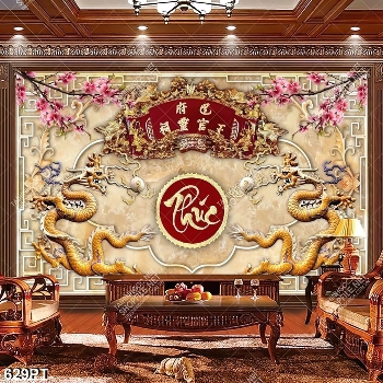 Tranh thờ song long và cành đào giả ngọc đẹp nhất