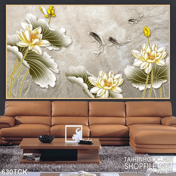 Tranh cá chép và hoa sen vẽ tay 3d