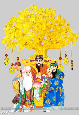 Fle tranh Phúc Lộc Thọ dưới cây tiền vàng