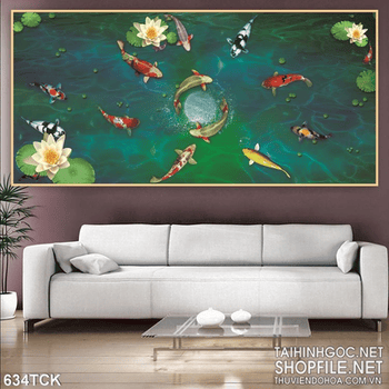 Tranh cá chép bơi quanh hòn ngọc sáng 3d đẹp