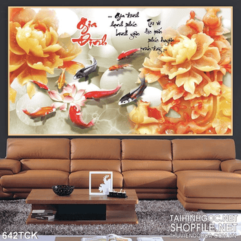 Tranh cá chép gia đình và bông hoa mẫu đơn giả ngọc