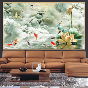 Tranh cá chép và bức họa giả ngọc cảnh ngôi chùa 3d ấn tượng