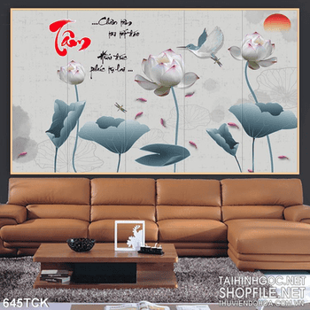 Tranh hoa sen và chữ tâm tinh tế in wall