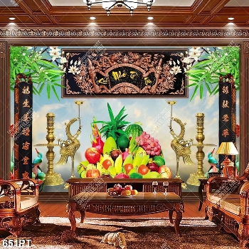 Tranh mân ngũ quả và chim hạc vàng treo phòng thờ