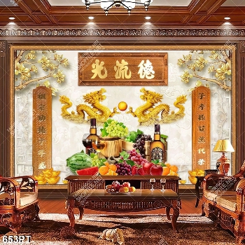 Tranh song long và hoa quả trang trí bàn thờ tổ