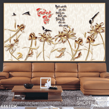 Tranh trường thọ wall hoa sen mạ vàng đẹp