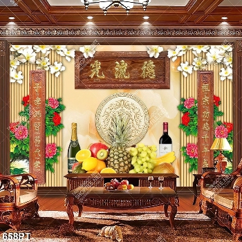 Tranh thờ 3D ngũ quả và hoa dán tường phòng thờ