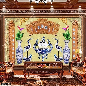 Tranh treo tường phòng thờ bình hoa và chim hạc bằng gốm