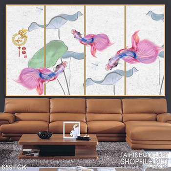 Tranh cá đá màu đẹp in 3d giấy dán tường