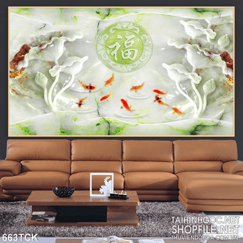 Tranh cá chép hoa sen giả ngọc 3d wall