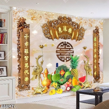 Tranh thờ chim hạc vàng bên mâm trái cây trang trí bàn thờ tổ