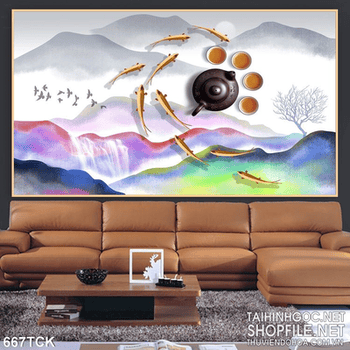 Tranh phong cảnh hữu tình cá chép 3d