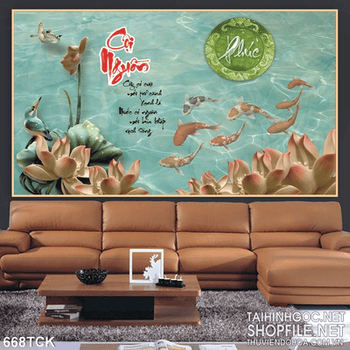 Tranh cá chép cội nguồn 3d hồ nước xanh