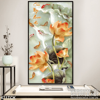 Tranh cá chép và hoa sen giả ngọc khổ dọc in uv file psd