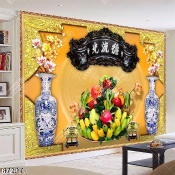 Tranh tranh trang trí phòng thờ mâm ngũ quả và bình hoa gốm đẹp nhất