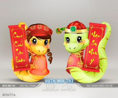 File tranh cặp rắn cầm câu đối đỏ đón xuân