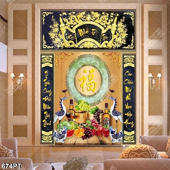 Tranh bàn thờ thư pháp và chim hạc in uv