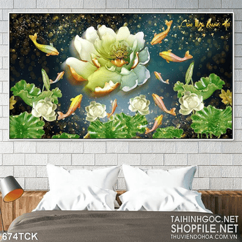 Tranh cá chép quần tự bên đóa hoa 3d