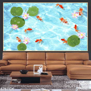 Tranh cá vàng bôi trong ao nước xanh biếc 3d