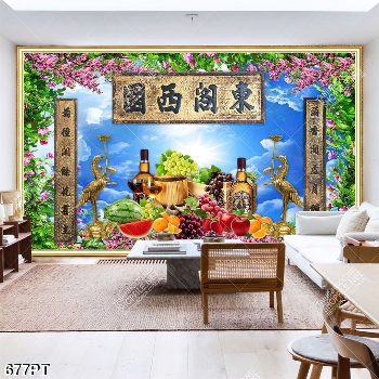 Tranh 3d hoa quả và chim hạc trang trí phòng thờ