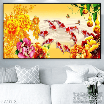 Tranh đàn cá chép bên quả bầu đẹp 3d