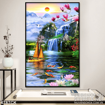 Tranh cá chép khổ dọc và chiếc thuyền nhỏ wall