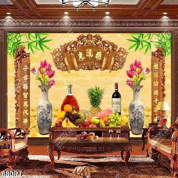 Tranh gắn tường bình hoa gốm và mâm trái cây trang trí phòng thờ