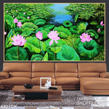 Tranh đầm hoa sen sơn dầu