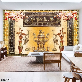 Tranh gắn tường phòng thờ hoa sen vàng và chim hạc Tranh gắn tường phòng thờ hoa sen vàng và chim hạc