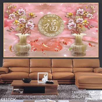 Tranh giả ngọc bình hoa và cá chép 3d