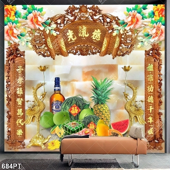 Tranh phòng thờ hoa quả và chim hạc