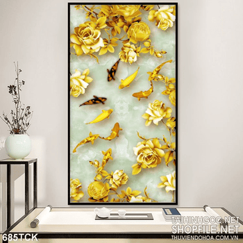 Tranh cá chép vàng hoa sen vàng 3d in uv file chất lượng cao