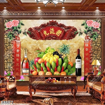 Tranh 3d hoa quả và thư pháp in kính