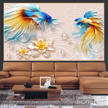 Tranh con cá đá  và bông hoa sen trắng ấn tượng