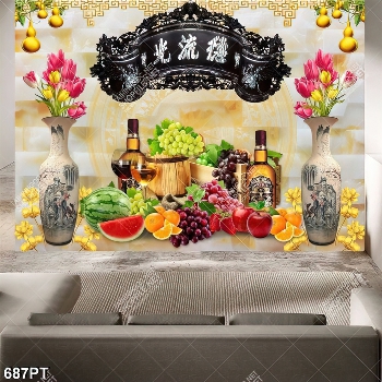 Tranh gạch 3d  mâm trái cây và hoa tulip chất lượng cao