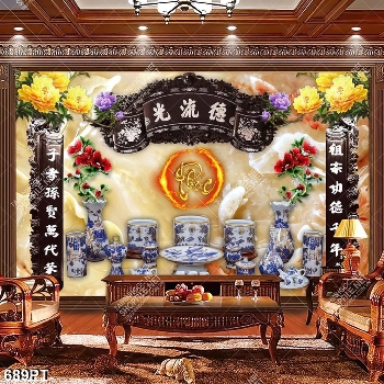 Tranh gạch 3d thư pháp và hoa mẫu đơn trang trí bàn thờ tổ