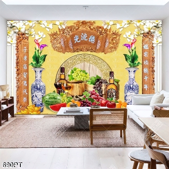 Tranh hoa quả thư pháp trang trí phòng thờ in kính